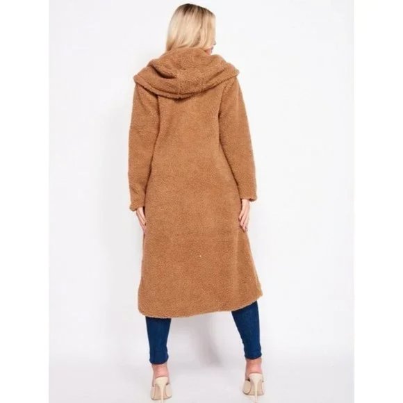 Brown Long Sleeve Hooded Hoodie Long Maxi Borg Teddy Bear Fur Coat - Picture 5 of 15